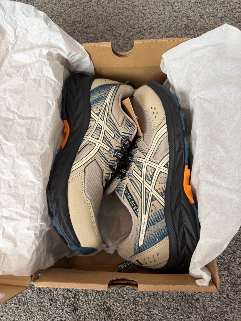 ASICS Beige Navy and Orange Trail Sneakers new in box